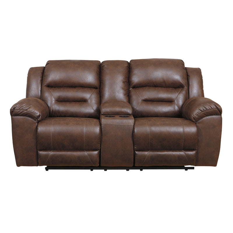 Manufacturer Color_Chocolate Motion Type_Power Recline -- Signature Design by Ashley Stoneland Reclining Leather Look Loveseat with Console IMAGE 1