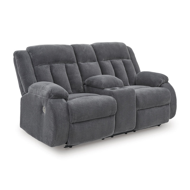 Manufacturer Color_Steel -- Signature Design by Ashley Observation Power Reclining Fabric Loveseat with Console IMAGE 1