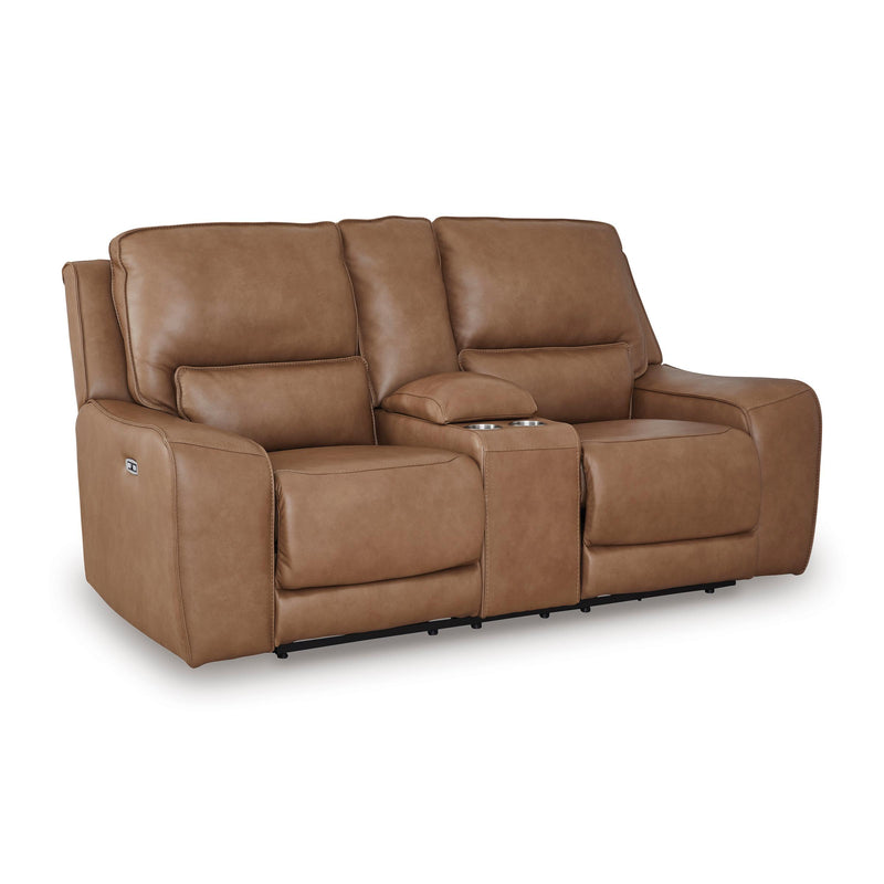 Manufacturer Color_Caramel -- Signature Design by Ashley DeepWakes Power Reclining Leather Match Loveseat with Console IMAGE 1