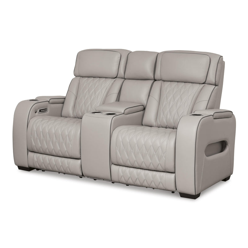  Manufacturer Color_Gray -- Signature Design by Ashley Boyington Power Reclining Leather Match Loveseat with Console IMAGE 1