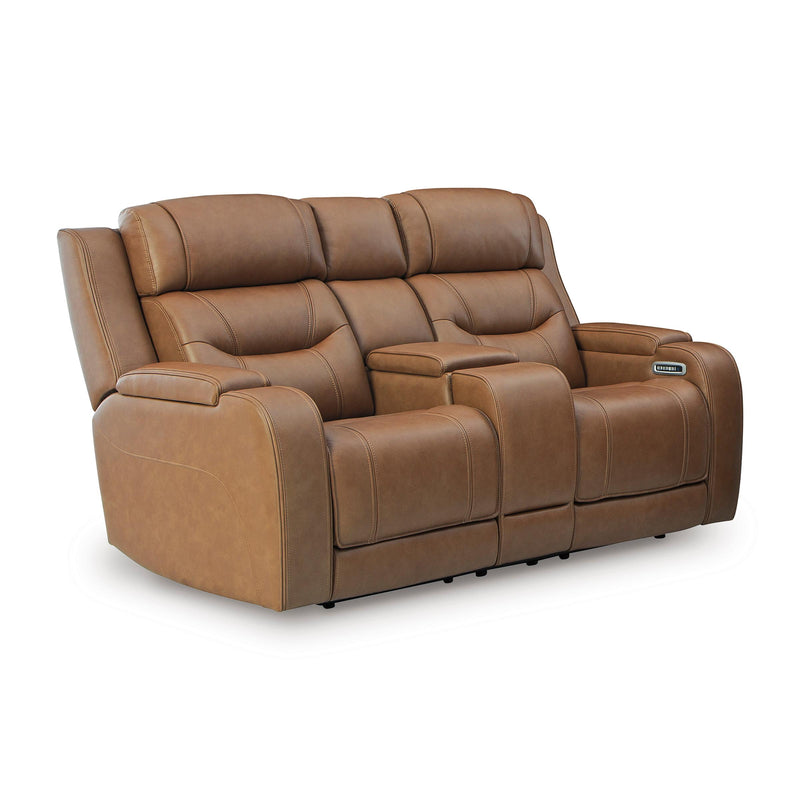  Manufacturer Color_Caramel -- Signature Design by Ashley Knightington Power Reclining Leather Match Loveseat with Console IMAGE 1